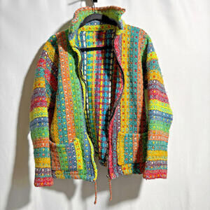 VTG Rainbow Handknit Thick Chunky Sweater Jacket Boho Crochet Striped 2XL *FLAWS